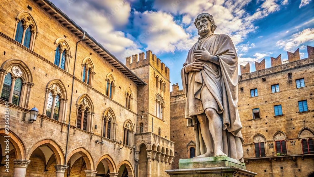 Fototapeta premium Ancient Italian poet's statue stands tall amidst intricately carved stone walls and ornate Gothic architecture in a historic European city's quiet piazza.