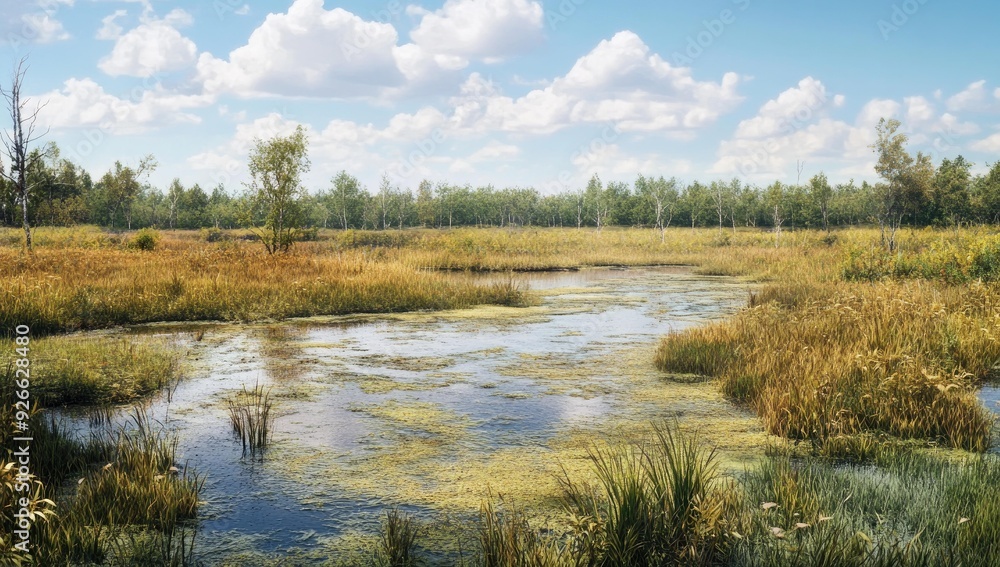A winding creek through a grassy swamp. A winding creek through a grassy swamp.