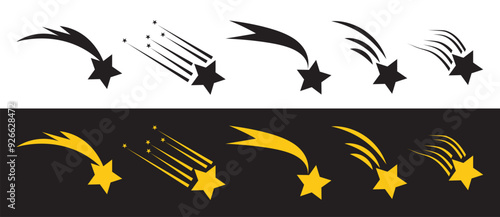 Set of shooting stars with light trails. Abstract fantasy galaxy, Flying starry. Vector illustration