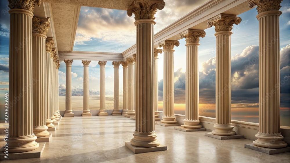 Fototapeta premium Ancient stone columns stand tall against a soft, creamy background, evoking a sense of timeless elegance and sophistication in a serene architectural setting.