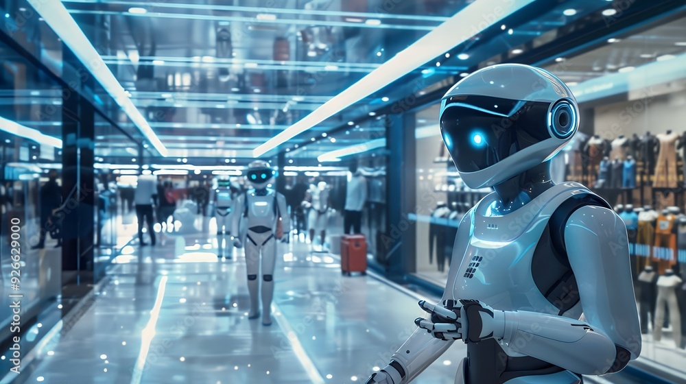 A humanoid robot stands in a bustling mall corridor, observing shoppers and assisting visitors with their inquiries as they navigate the vibrant space A humanoid robot stands in a bustling mall corridor, observing shoppers and assisting visitors with their inquiries as they navigate the vibrant space