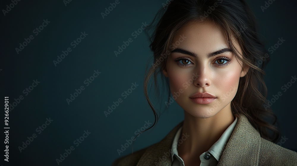 A complete view of a Russian woman in contemporary fashion, such as a stylish coat or modern dress, capturing her sophisticated and fashionable look, isolated on a dark background A complete view of a Russian woman in contemporary fashion, such as a stylish coat or modern dress, capturing her sophisticated and fashionable look, isolated on a dark background