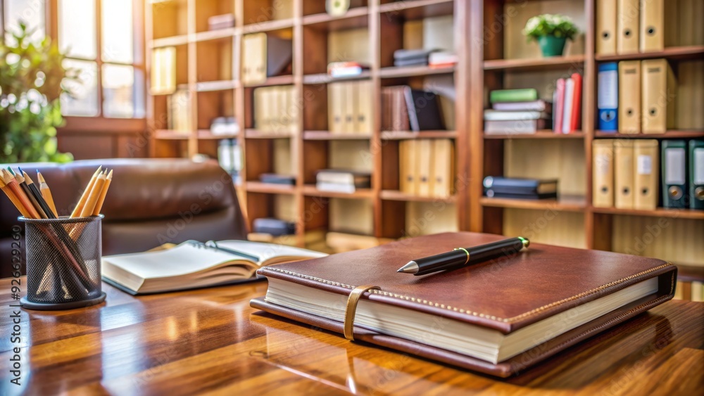 A neatly organized office desk with a leather-bound directory, scattered papers, and a pen, surrounded by a blurred background of bookshelves and computers. A neatly organized office desk with a leather-bound directory, scattered papers, and a pen, surrounded by a blurred background of bookshelves and computers.