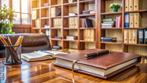 A neatly organized office desk with a leather-bound directory, scattered papers, and a pen, surrounded by a blurred background of bookshelves and computers. photo