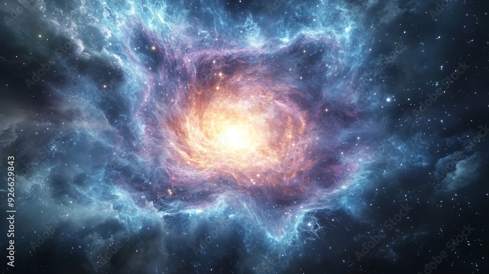 A swirling nebula with vibrant blue, pink, and orange hues, centered around a bright, luminous core. A swirling nebula with vibrant blue, pink, and orange hues, centered around a bright, luminous core.