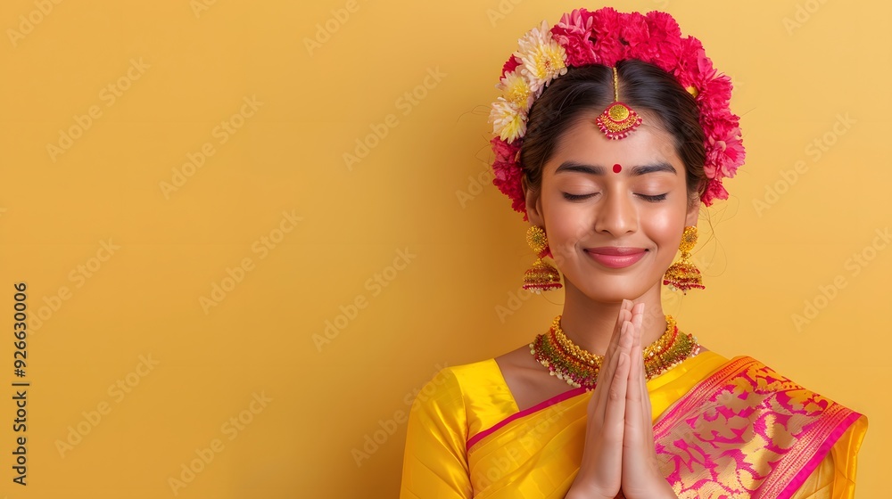 A young woman in a vibrant red and gold sari smiles while adorned with intricate jewellery and a traditional bindi A young woman in a vibrant red and gold sari smiles while adorned with intricate jewellery and a traditional bindi