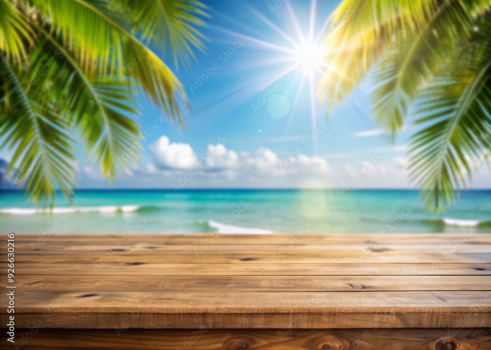 Serene tropical beach scene with blurred bokeh background, warm sunlight and empty wooden table inviting product display, viewed through an open window with defocused sea blur. Serene tropical beach scene with blurred bokeh background, warm sunlight and empty wooden table inviting product display, viewed through an open window with defocused sea blur.