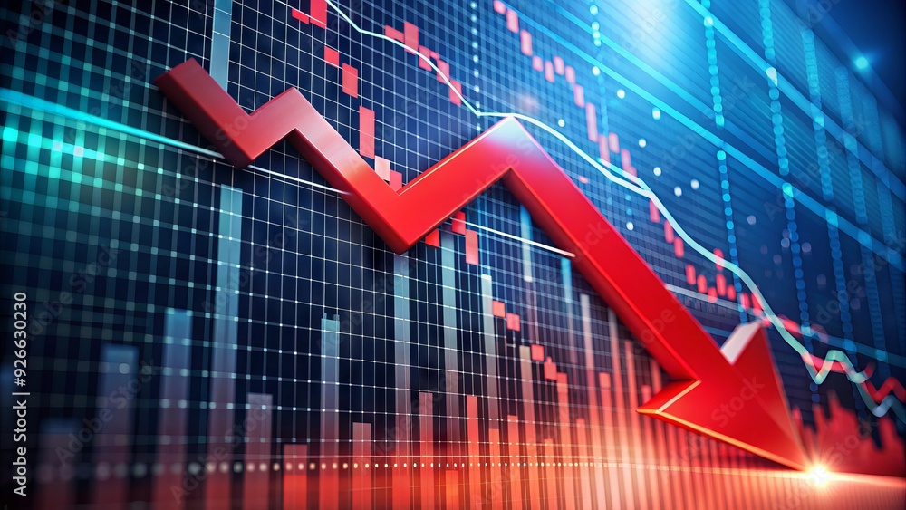 A ominous red arrow plummeting downwards on a stock market graph, surrounded by fluctuating charts and graphs, conveying a sense of financial uncertainty and market volatility. A ominous red arrow plummeting downwards on a stock market graph, surrounded by fluctuating charts and graphs, conveying a sense of financial uncertainty and market volatility.
