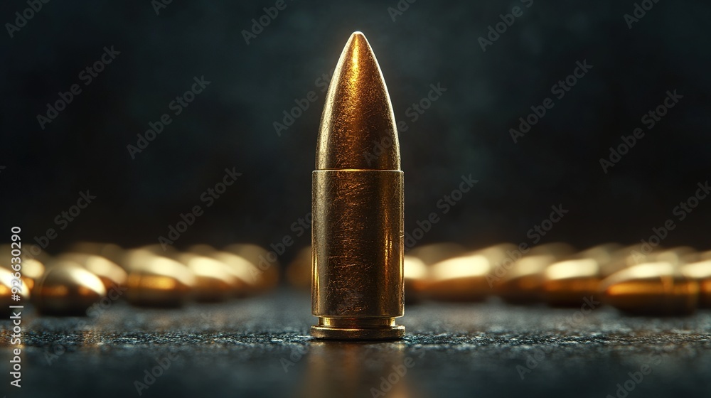 A detailed image of a bullet from a full perspective, isolated on a dark background to highlight its metallic surface and geometric design A detailed image of a bullet from a full perspective, isolated on a dark background to highlight its metallic surface and geometric design