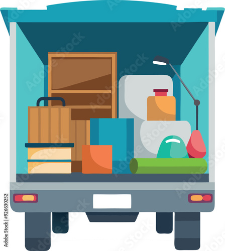 Delivery truck full of boxes is transporting furniture to new apartment-