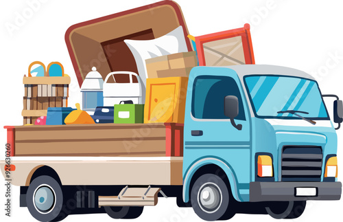 Small blue delivery truck full of boxes and furniture delivering-
