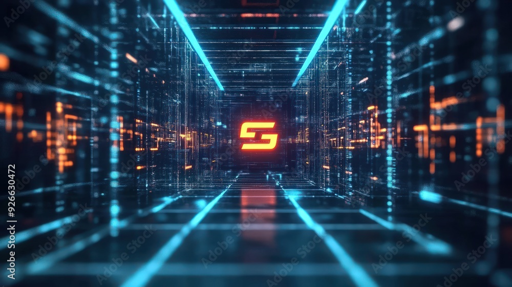 Futuristic digital space with glowing lines and a symbol in the center. Futuristic digital space with glowing lines and a symbol in the center.