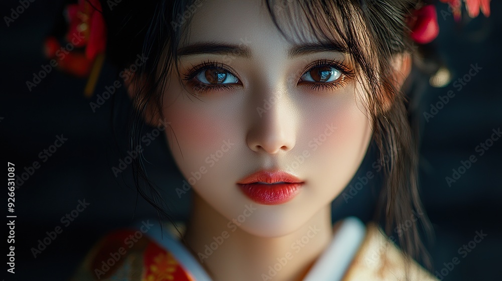 A detailed image of a Japanese woman with a focus on her traditional or modern attire and serene expression, isolated on a dark background to capture her unique grace and style A detailed image of a Japanese woman with a focus on her traditional or modern attire and serene expression, isolated on a dark background to capture her unique grace and style