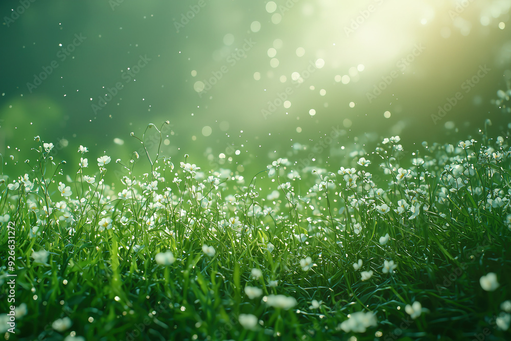 Morning sunlight illuminates a lush meadow covered in delicate white flowers with dewdrops glistening in the air.