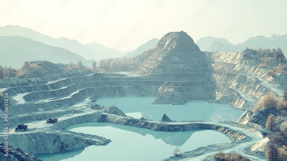 Naklejka premium Aerial view of a large quarry with water filled pits and mountains in the background.