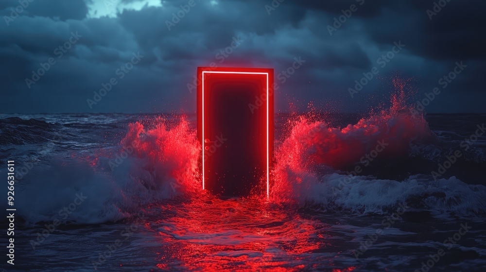 Super realistic glowing door with red LEDs, turbulent waves, dark sky, natural light, Fuji Super X-TRA 400 film Super realistic glowing door with red LEDs, turbulent waves, dark sky, natural light, Fuji Super X-TRA 400 film