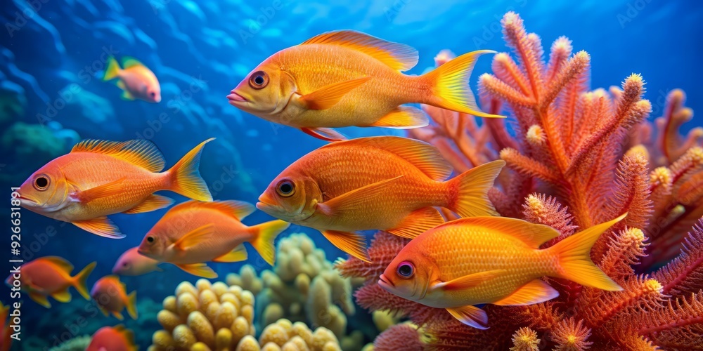 Fototapeta premium Vibrant orange anthias fish swim amidst delicate sea fans and coral reef, showcasing intricate scales and majestic fins in a crystal-clear ocean setting.
