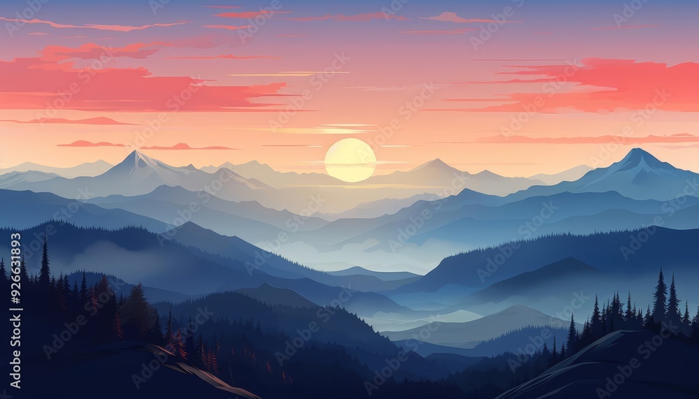 Sunrise over mountain range, flat design, front view, serene theme, animation, Complementary Color Scheme Sunrise over mountain range, flat design, front view, serene theme, animation, Complementary Color Scheme