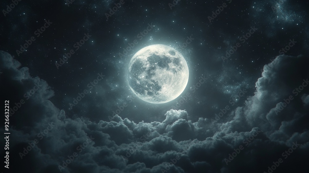 Full moon shining brightly through dark clouds and twinkling stars in the night sky. Full moon shining brightly through dark clouds and twinkling stars in the night sky.