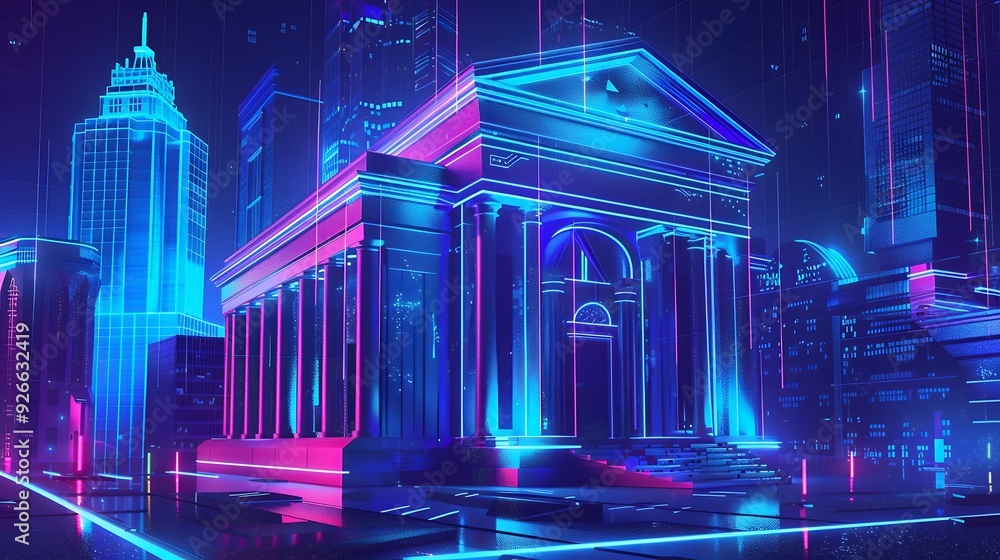 Obraz premium Bank building. Mobile banking concept. 3D realistic business object. bank architecture with futuristic style in blue neon color illustration