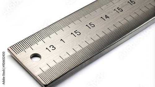 A precise stainless steel ruler lies on a white background, showcasing centimetre measurements with bold black lines and numbers. photo