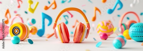 Vibrant 3D Music and Audio Icons with Notes and Headphones on Clean White Background