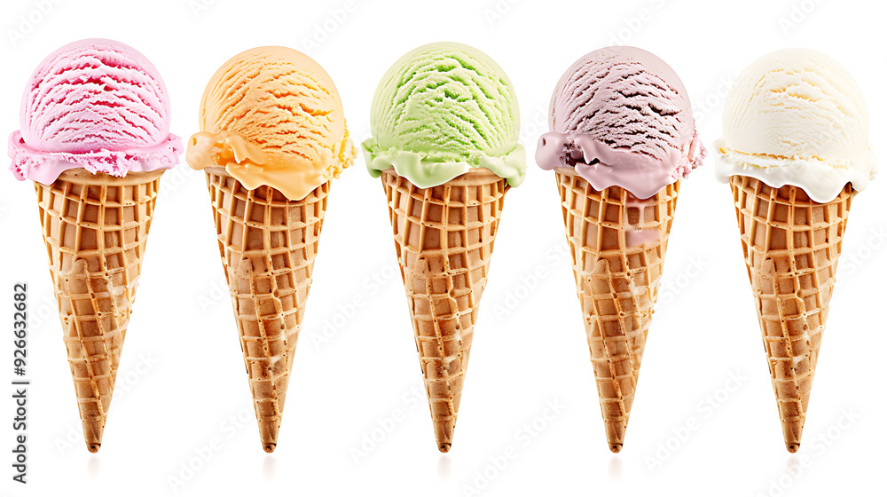 Detailed and colorful ice cream cone with scoops of different flavors, isolated on a white background Detailed and colorful ice cream cone with scoops of different flavors, isolated on a white background
