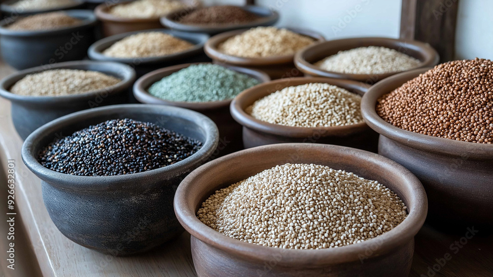 Variety of Grains and Seeds in Clay Pots Variety of Grains and Seeds in Clay Pots