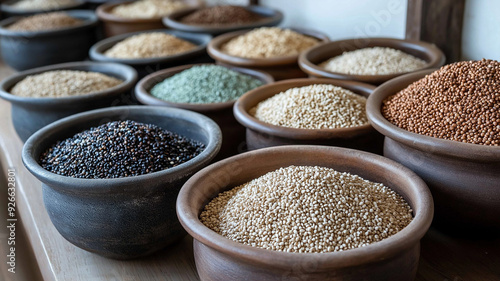 Variety of Grains and Seeds in Clay Pots