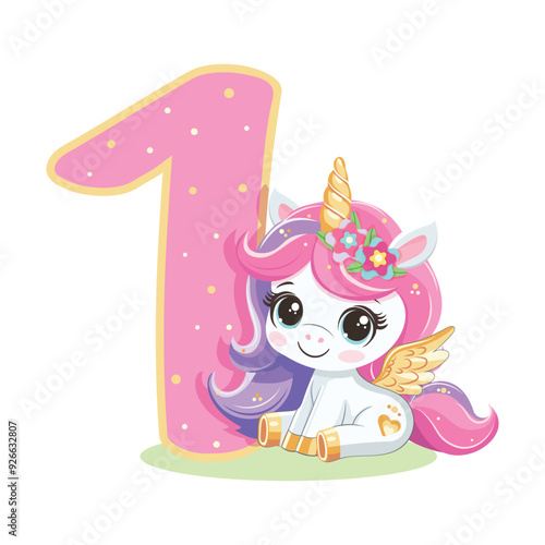 Cute unicorn with pink and golden number 1 isolated on white background. Happy Birthday concept. Vector illustration in flat cartoon style