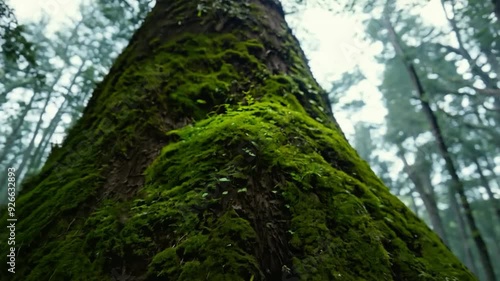 Exploring the lush forest landscape with moss-covered trees in early morning light