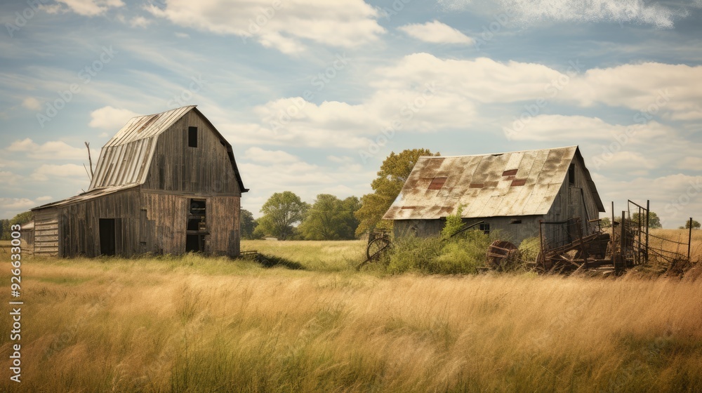 Rural country house amidst green fields, blue sky, and natural beauty. Rural country house amidst green fields, blue sky, and natural beauty.
