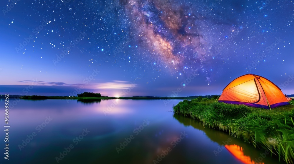 Tranquil Camping Spot by the River at Night with Starry Sky Reflection Tranquil Camping Spot by the River at Night with Starry Sky Reflection