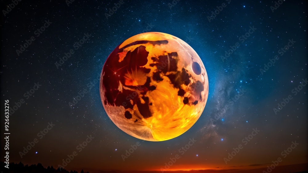 Fototapeta premium a rare total lunar eclipse occurs during a full moon, casting a reddish-orange glow on a starry night sky.