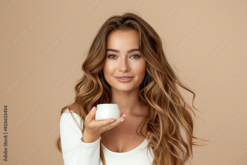 a serene woman presents a cream jar, embodying natural beauty and simplicity, with ample space for text in an earthy, harmonious layout emphasizing wellness and elegance a serene woman presents a cream jar, embodying natural beauty and simplicity, with ample space for text in an earthy, harmonious layout emphasizing wellness and elegance