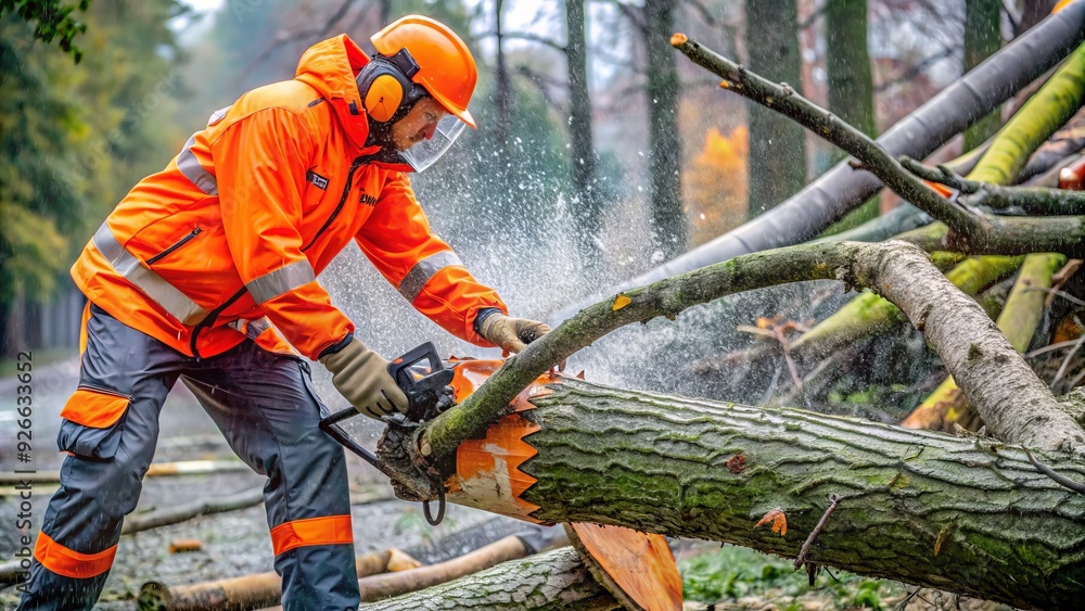 A rescue team member in a bright orange vest carefully cuts a fallen tree branch with a chainsaw during a stormy weather emergency response. A rescue team member in a bright orange vest carefully cuts a fallen tree branch with a chainsaw during a stormy weather emergency response.