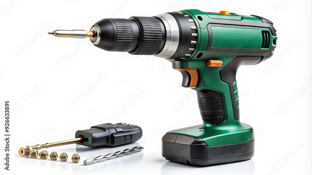 A robust cordless drill driver with a sharp screwdriver bit inserted, securely holding a small metal screw, ready for efficient screwdriving tasks on various materials. A robust cordless drill driver with a sharp screwdriver bit inserted, securely holding a small metal screw, ready for efficient screwdriving tasks on various materials.