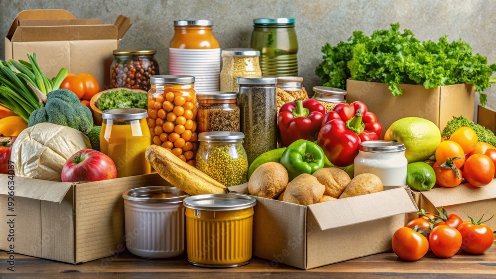 Array of fresh fruits and vegetables alongside canned goods, bread, and dairy products piled into cardboard boxes, symbolizing abundant food donations for those in need. Array of fresh fruits and vegetables alongside canned goods, bread, and dairy products piled into cardboard boxes, symbolizing abundant food donations for those in need.