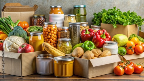 Array of fresh fruits and vegetables alongside canned goods, bread, and dairy products piled into cardboard boxes, symbolizing abundant food donations for those in need. photo