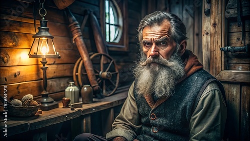 A rugged, older man with a thick, dark black beard and mustache sits in a dimly lit, rustic wooden cabin, surrounded by nautical elements.