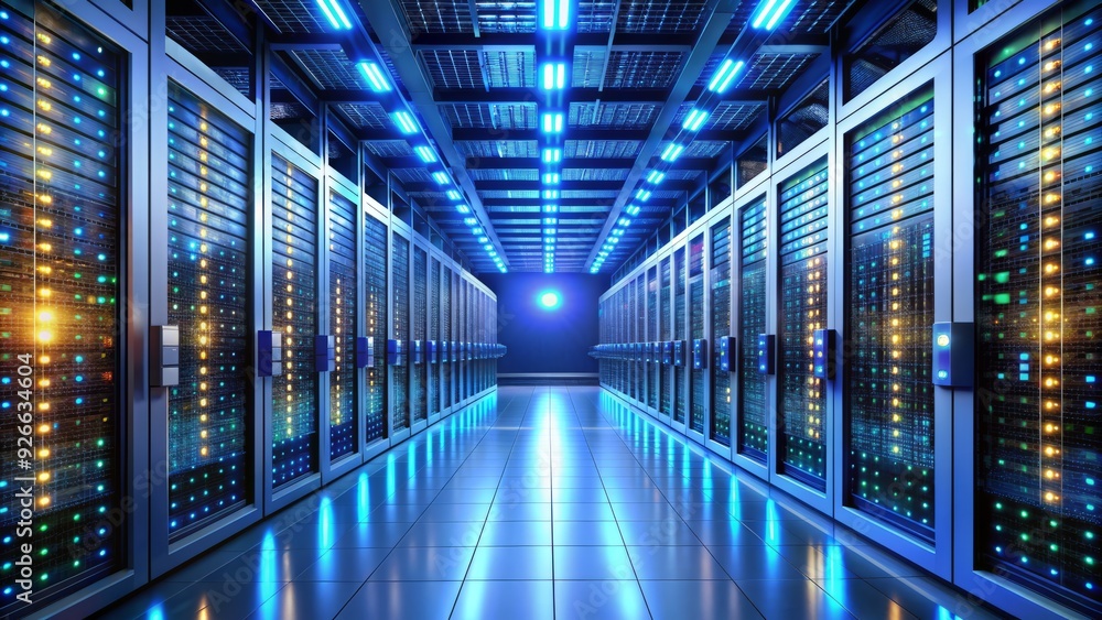 Sleek rows of humming servers and blinking lights illuminate a pristine, climate-controlled data center, symbolizing efficiency, innovation, and cutting-edge technology. Sleek rows of humming servers and blinking lights illuminate a pristine, climate-controlled data center, symbolizing efficiency, innovation, and cutting-edge technology.