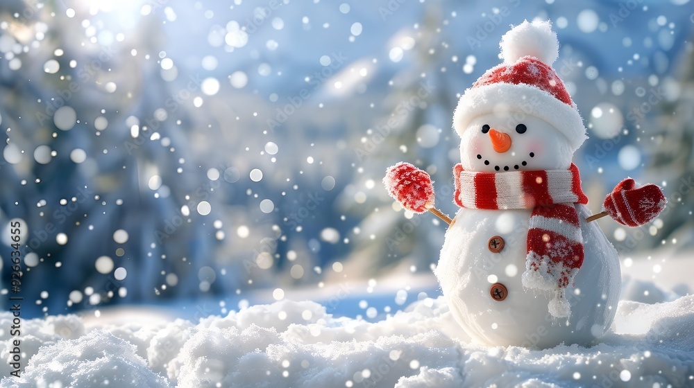 Christmas winter background banner with a charming, funny snowman wearing a cozy woolen hat and scarf in front of a snowy landscape with sparkling bokeh lights Christmas winter background banner with a charming, funny snowman wearing a cozy woolen hat and scarf in front of a snowy landscape with sparkling bokeh lights