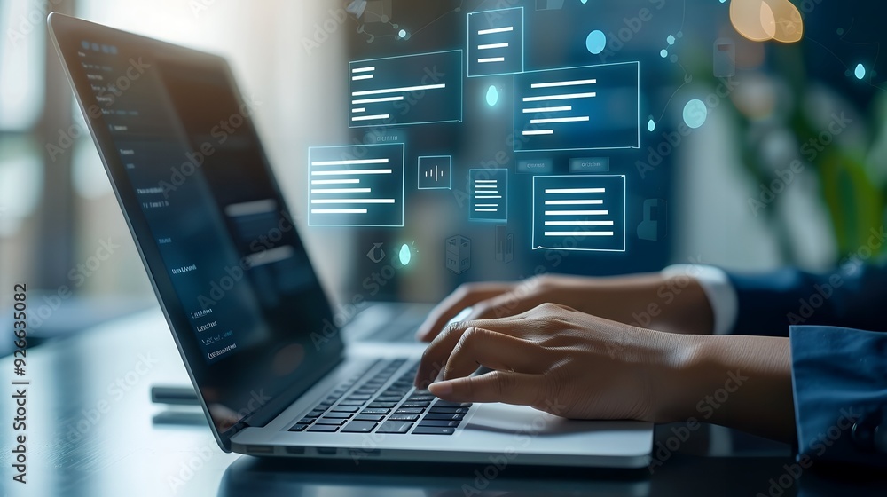 Person use laptop to Approve document on virtual screen for business process workflow illustrating management approval and and project approve concept. Person use laptop to Approve document on virtual screen for business process workflow illustrating management approval and and project approve concept.