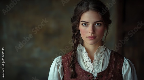 A full-shot of a German woman in traditional attire such as a dirndl or leaseholder, showcasing the detailed patterns and cultural significance, isolated on a dark background photo