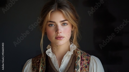 A full-shot of a German woman in traditional attire such as a dirndl or leaseholder, showcasing the detailed patterns and cultural significance 
