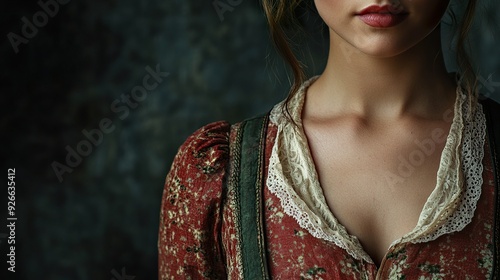 A full-shot of a German woman in traditional attire such as a dirndl or leaseholder, showcasing the detailed patterns and cultural significance 