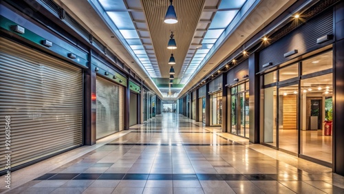 A serene and deserted shopping mall corridor with vacant storefronts, dimly lit and eerie, awaits customers on a quiet day or during off-peak hours. photo