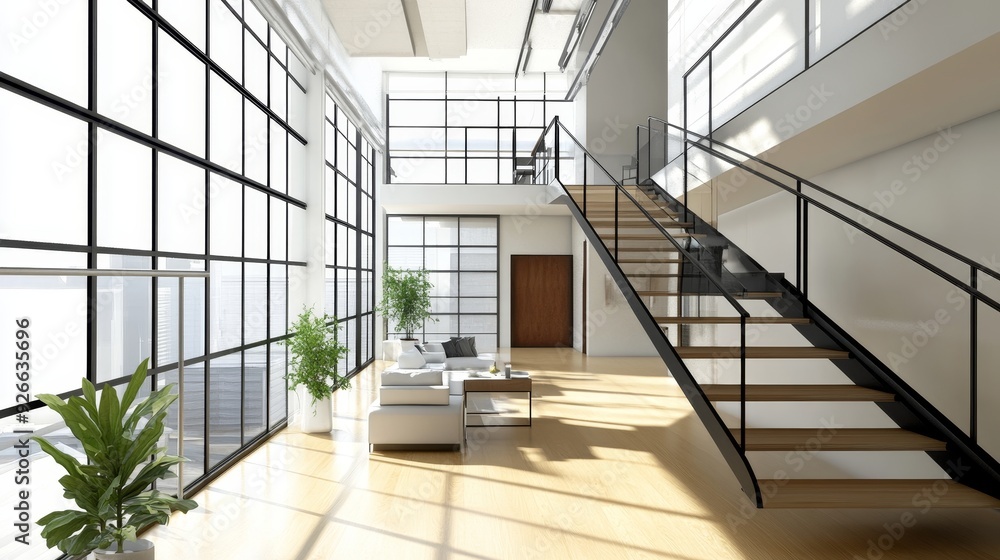 Obraz premium Modern loft interior with large windows, wooden floors, and a staircase leading to an upper level. Sunlight streams through the windows.