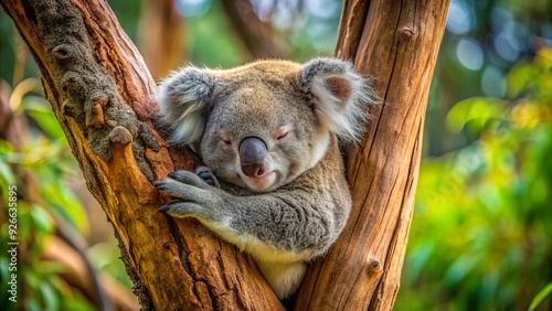 A serene Australian koala curls up in a eucalyptus tree, eyelids closed, paws tucked in, and fur fluffed, lost in a peaceful afternoon snooze. photo