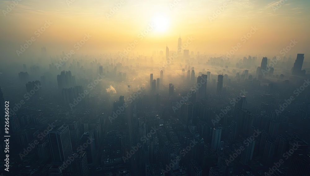 Naklejka premium Sunrise over foggy city skyline.